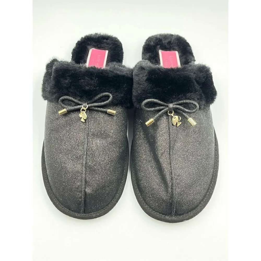NWOB Kate Spade Lacy Slippers Mule Size 10B Black Glitter Faux Fire Gold Charm